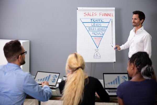 person standing in front of a board with a sales funnel picture